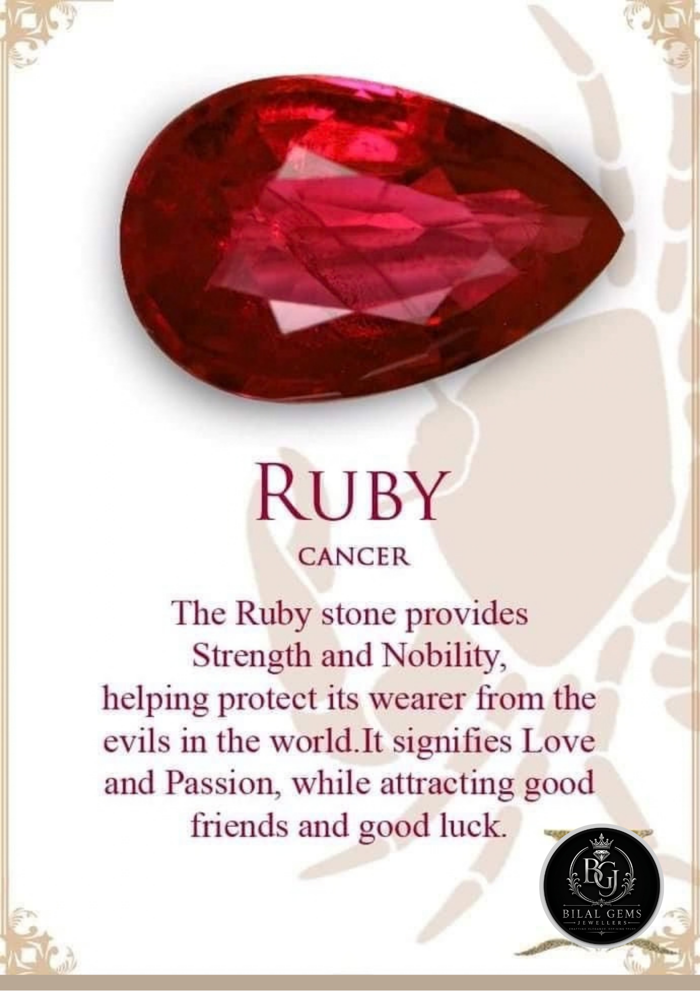 Red ruby gemstone for Cancer zodiac sign, symbolizing strength, nobility, love, passion, and good luck.
