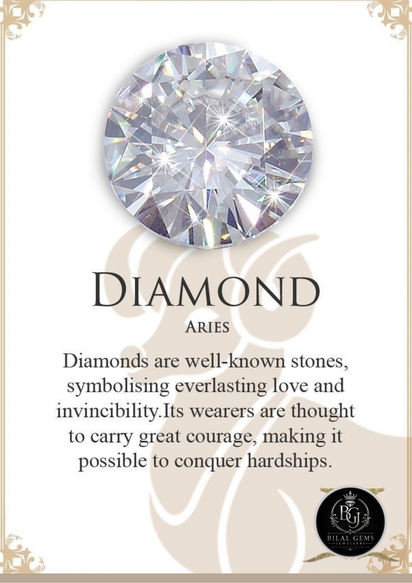 Round brilliant diamond gemstone for Aries zodiac sign, symbolizing everlasting love, invincibility, courage, and strength.